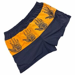 Vintage Body Glove Swim Trunks Mens Medium Blue Orange Hand Print Shorts 90s